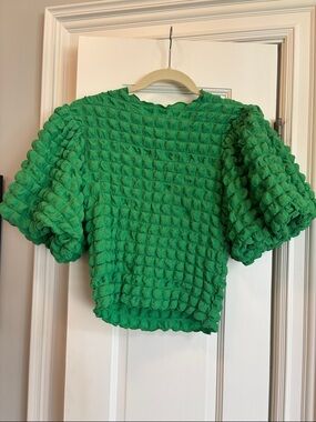 Eri & Ali Textured Puff-Sleeve Cropped Top - Green